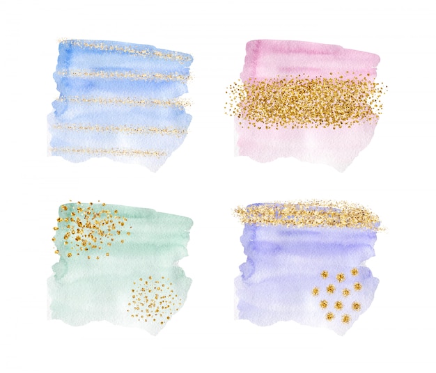 Blauwe, roze, paarse en groene penseelstreek aquarel met gouden glitter textuur, confetti.