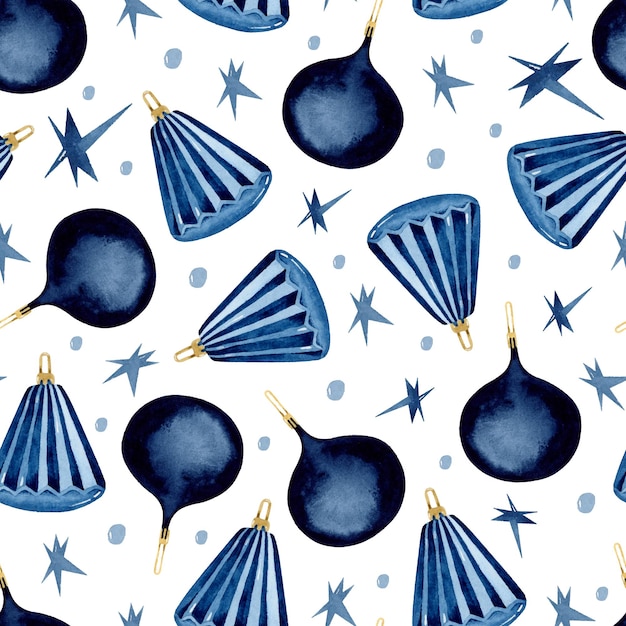 Blauwe rustieke kerstversieringen met sterren aquarel naadloos patroon