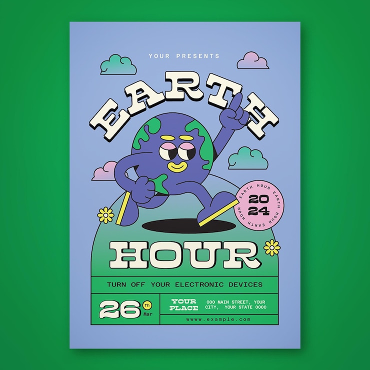 Vector blauwe schattige stripfiguur earth hour poster