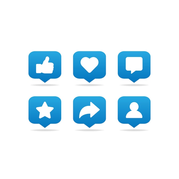 Blauwe sociale netwerkmedia vector iconen. Meldingssymbool voor sociale media-activiteiten. Vind ik leuk, reageer, deel icoon. Vectorillustratie EPS 10