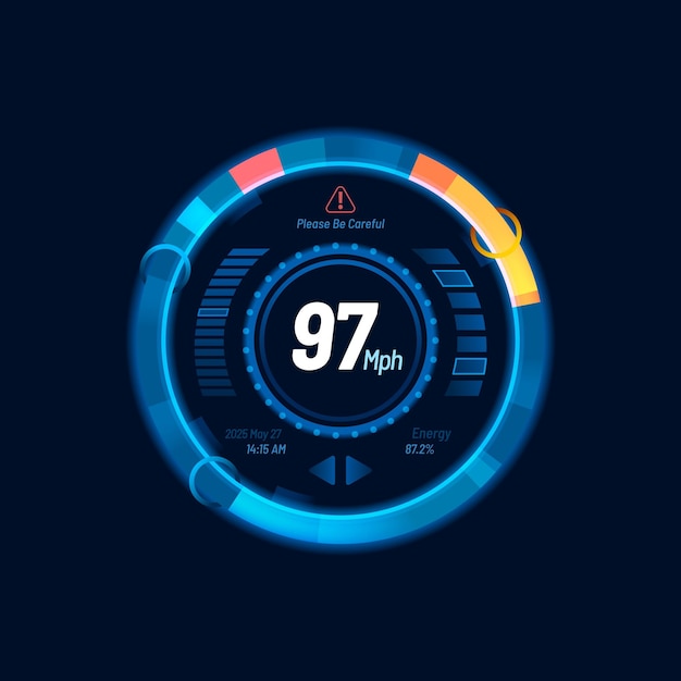 Blauwe speedometer neon wijzerplaat auto snelheidsmeter dashboard futuristische teller interface geïsoleerde vector kilometer prestatie indicator gas en brandstof niveau panelen of auto race sport rpm technologie