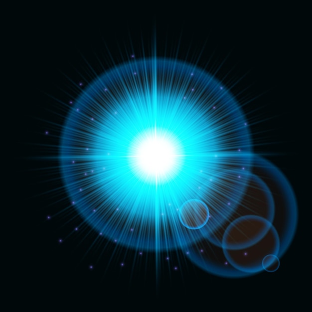 Blauwe sprankelende glinsterende ster licht zon glans lens flare vector ontwerp op blauwe achtergrond