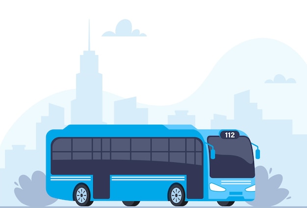 Blauwe stadsbus Passagiersvervoer zijaanzicht Openbaar vervoer op stadsachtergrond