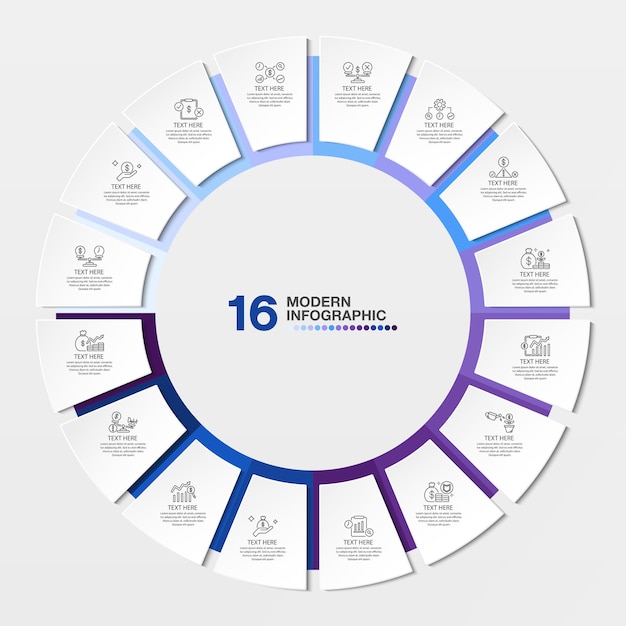 Vector blauwe toon cirkel infographic sjabloon met 16 stappen proces of opties proces grafiek