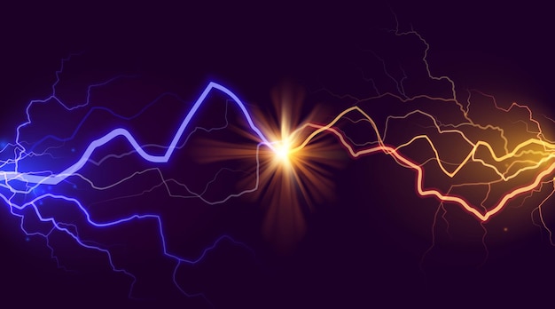 Blauwe versus gele stroom, bliksemslageffect. Gloeiend spoor, elektrisch lichtflits. Warme en koude botsing