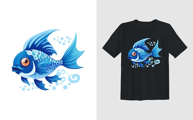 Blauwe vis vector cartoon afbeelding visserij t-shirt ontwerp