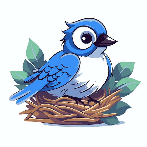 Blauwe vogel in het nest Vector illustratie geïsoleerd op witte achtergrond