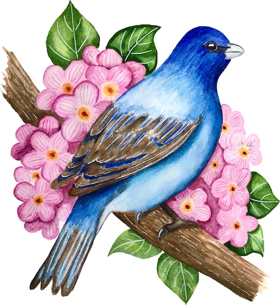 Blauwe vogel op een tak met bloemen vector