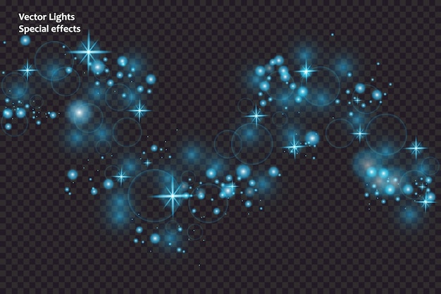 Blauwe vonken en sterren schitteren speciaal lichteffect. sprankelende magische stofdeeltjes