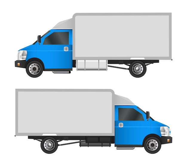 Blauwe vrachtwagen sjabloon. Lading van Vector illustratie EPS 10 geïsoleerd op een witte achtergrond. Levering van bedrijfsvoertuigen in de stad