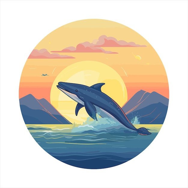 Blauwe walvis Kleurrijke cartoon Kawaii Karakter Strand zonsondergang Dier Huisdieren Sticker Geïsoleerde illustratie