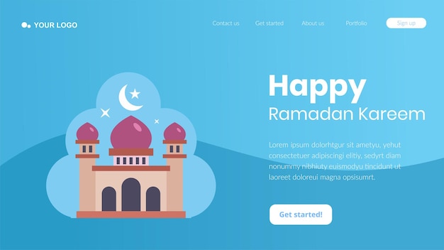 Blauwe webpagina met een blauwe achtergrond die happy ramadan zegt.