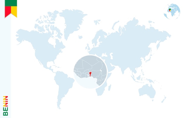 Blauwe wereldkaart met vergroting op Benin