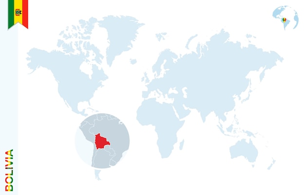 Blauwe wereldkaart met vergroting op Bolivia