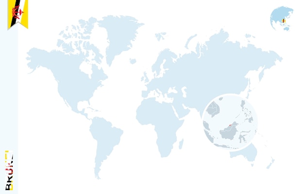 Blauwe wereldkaart met vergroting op Brunei