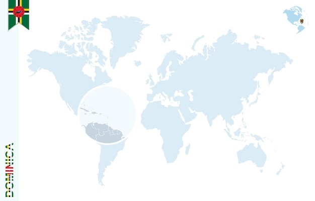 Blauwe wereldkaart met vergroting op Dominica