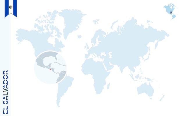 Blauwe wereldkaart met vergroting op El Salvador