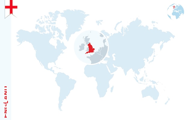 Blauwe wereldkaart met vergroting op engeland