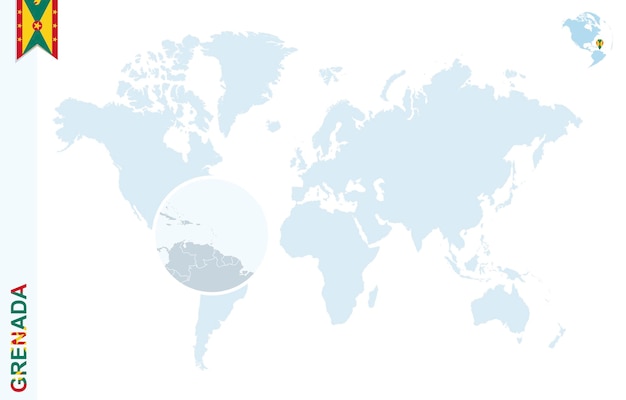 Blauwe wereldkaart met vergroting op Grenada