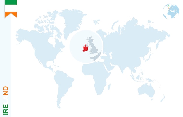 Blauwe wereldkaart met vergroting op ierland