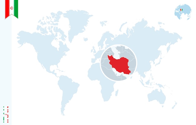 Blauwe wereldkaart met vergroting op iran