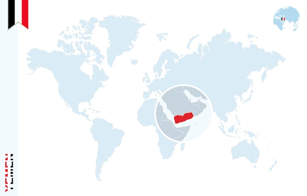 Blauwe wereldkaart met vergroting op Jemen