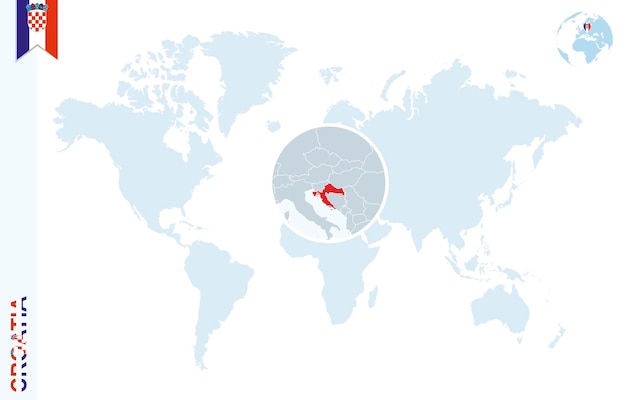 Blauwe wereldkaart met vergroting op kroatië