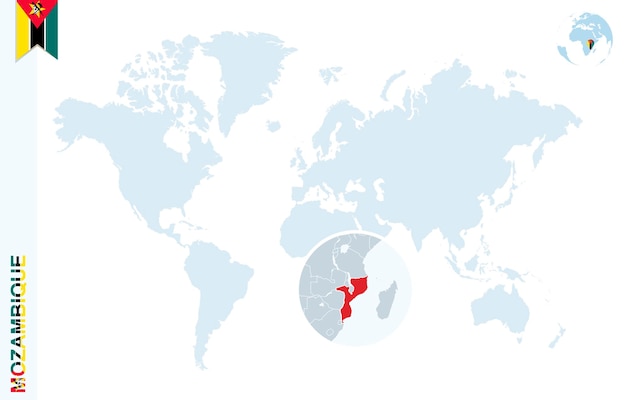 Blauwe wereldkaart met vergroting op Mozambique