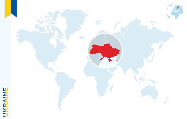 Blauwe wereldkaart met vergroting op Oekraïne