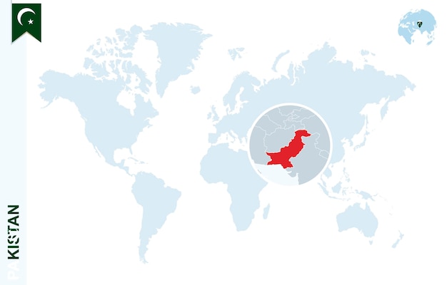 Blauwe wereldkaart met vergroting op pakistan