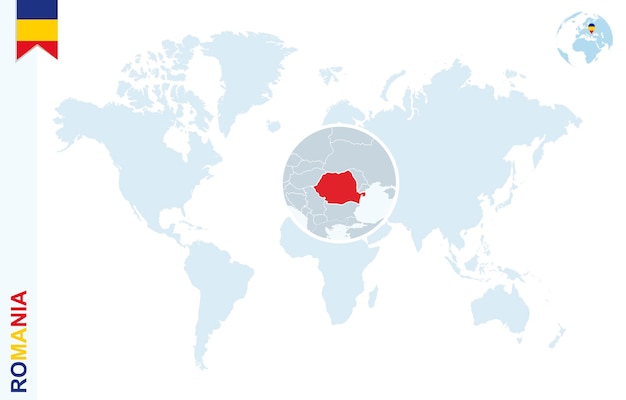 Blauwe wereldkaart met vergroting op roemenië
