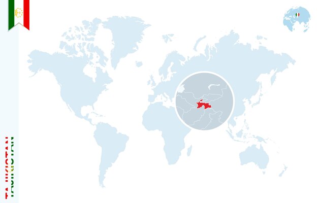 Blauwe wereldkaart met vergroting op Tadzjikistan