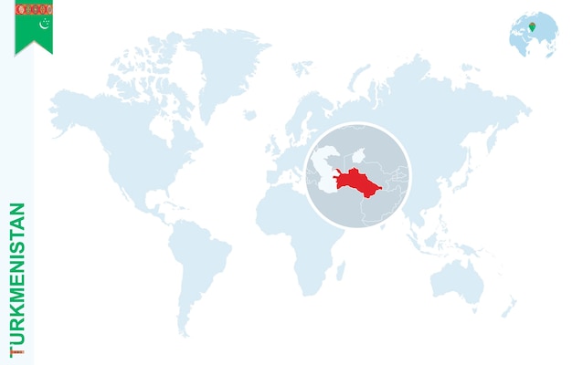 Blauwe wereldkaart met vergroting op turkmenistan