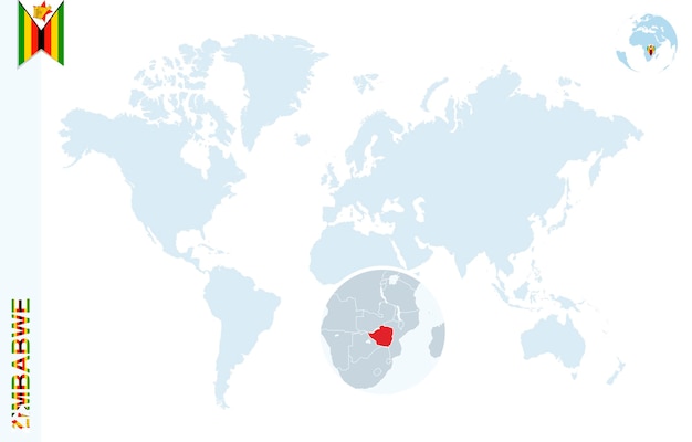 Blauwe wereldkaart met vergroting op Zimbabwe