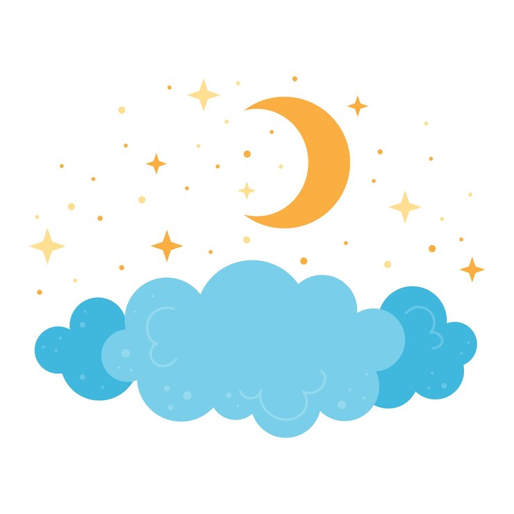 Blauwe wolken met sterren en maan. Kinderen kwekerij concept. Vector cartoon geïsoleerde illustratie.