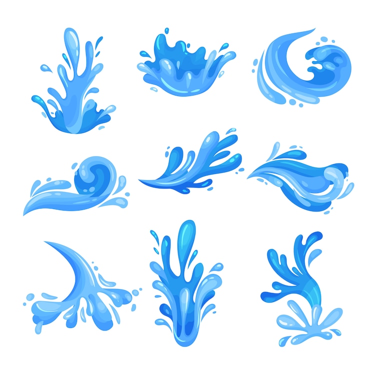 Vector blauwe zee, oceaan golven set, krachtige waterstroom illustraties