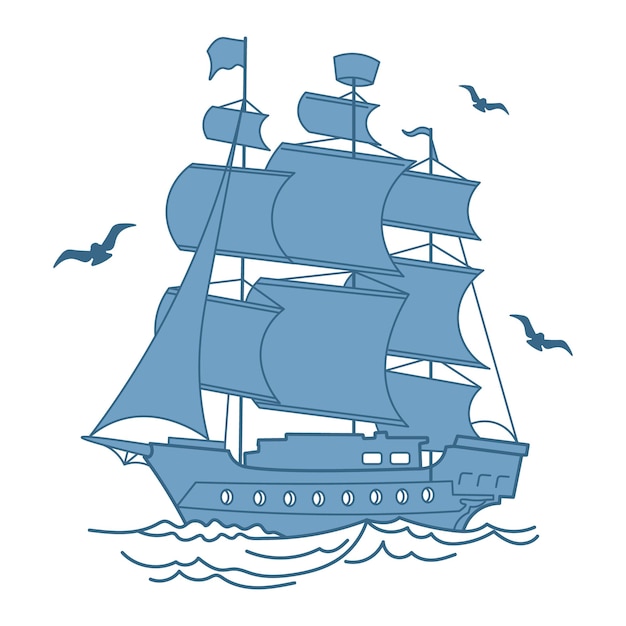 Vector blauwe zee schip fregat caravel met meeuwen zee illustratie vervoer vector