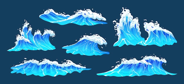 Blauwe zeegolven met witte schuimcollectie. Oceaan golven, surfen en water spatten Illustratie set