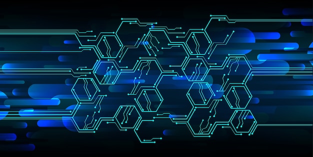 Blauwe zeshoek cyber circuit technologie achtergrond