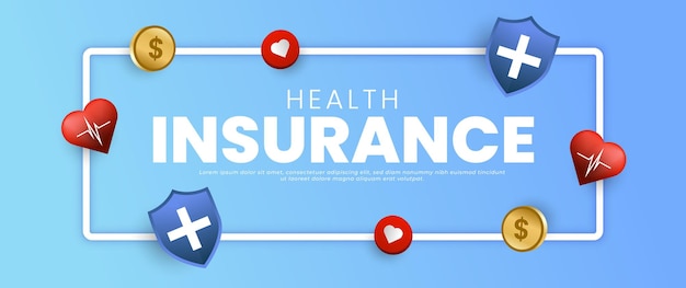 Vector blauwe ziektekostenverzekering banner ontwerp met document schild munt en wolk elementen