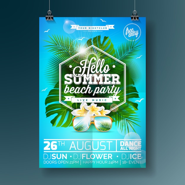 Blauwe zomerfeest poster met palmbomen