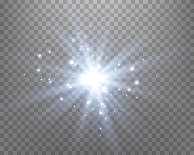 Blauwe zonlicht lens flare, zonneflits met stralen en spotlight. Gloeiende burst-explosie op een transparante achtergrond. Vector illustratie.