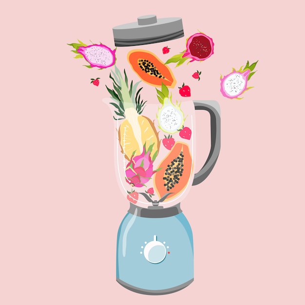 Blender filled with fruits. Variety of tropical fruits in a mixer. Healthy eating and fitness concept. Smoothie preparation. Trendy  illustration.