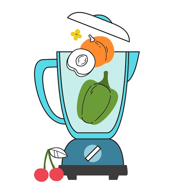 A blender filled with vegetables and fruits - bell peppers, peaches and cherries. colored beautiful and stylish illustrations. logo for the design of the kitchen space. kitchen equipment isolated icon