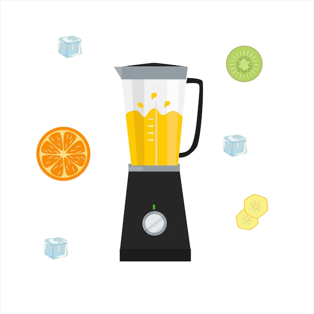 Blender for the kitchen. Assorted fruits. Vector flat design on white background.