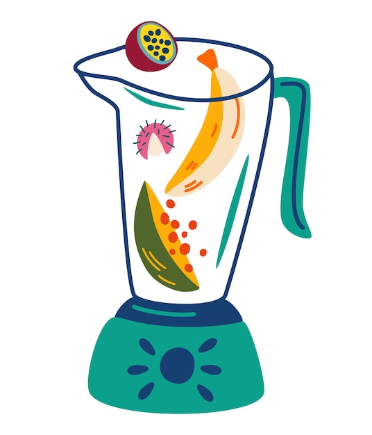 Blender met fruit Tropisch fruit Banaan lychee papaya en passievrucht Smoothie Vector