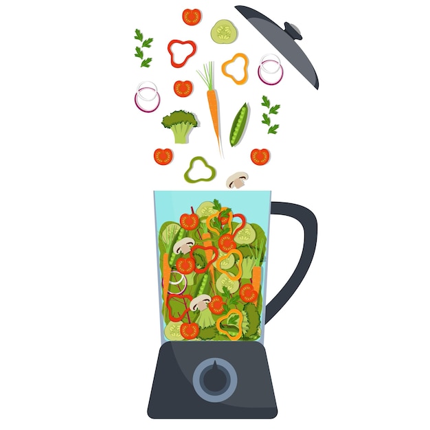 Blender met verschillende groenten broccoli peper rode tomaat wortel ui greens vector illustratie