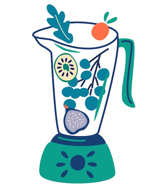 Vector blender with fruits smoothies in blenders and glass jars with different ingredients