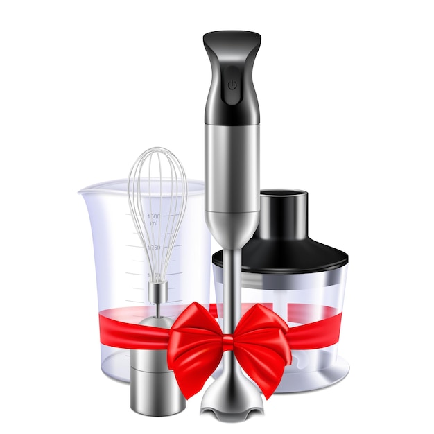 Blender with red ribbon and bow 3d rendering gift concept realistic vector illustration