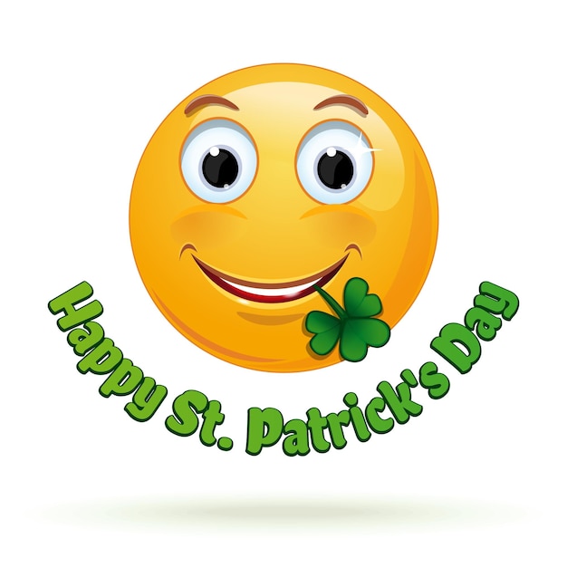 Vector blij emoticon met een klaverblad in zijn mond emoji voor st patrick's day happy st patrick's day vectorillustratie